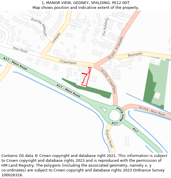 1, MANOR VIEW, GEDNEY, SPALDING, PE12 0DT: Location map and indicative extent of plot