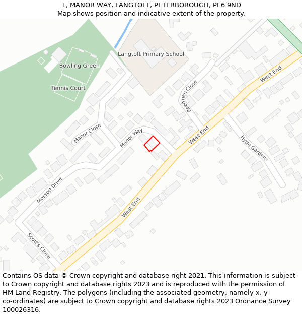 1, MANOR WAY, LANGTOFT, PETERBOROUGH, PE6 9ND: Location map and indicative extent of plot