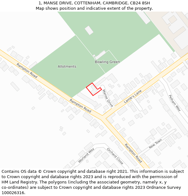 1, MANSE DRIVE, COTTENHAM, CAMBRIDGE, CB24 8SH: Location map and indicative extent of plot