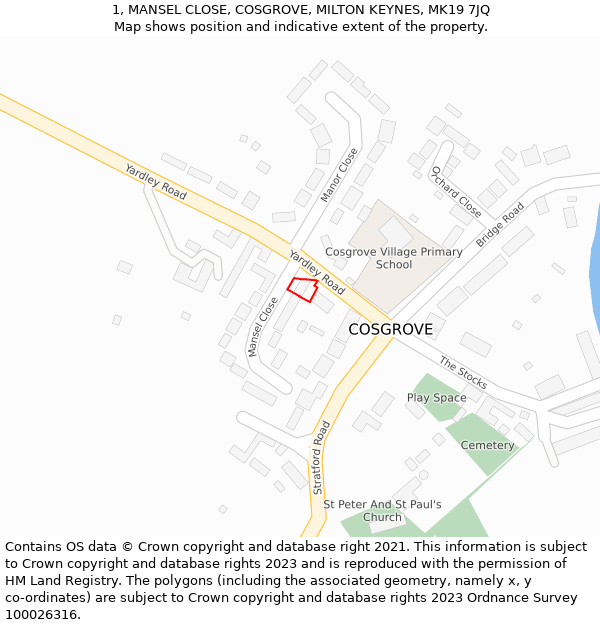 1, MANSEL CLOSE, COSGROVE, MILTON KEYNES, MK19 7JQ: Location map and indicative extent of plot