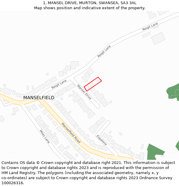 1, MANSEL DRIVE, MURTON, SWANSEA, SA3 3AL: Location map and indicative extent of plot