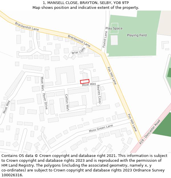 1, MANSELL CLOSE, BRAYTON, SELBY, YO8 9TP: Location map and indicative extent of plot