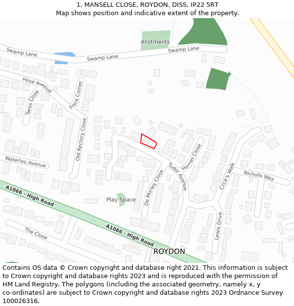 1, MANSELL CLOSE, ROYDON, DISS, IP22 5RT: Location map and indicative extent of plot