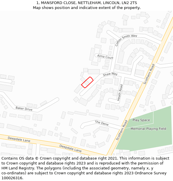 1, MANSFORD CLOSE, NETTLEHAM, LINCOLN, LN2 2TS: Location map and indicative extent of plot