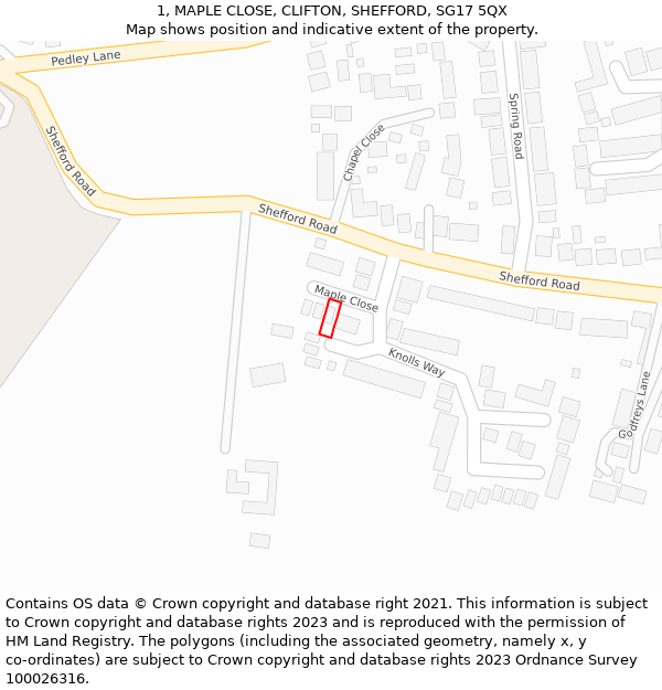 1, MAPLE CLOSE, CLIFTON, SHEFFORD, SG17 5QX: Location map and indicative extent of plot