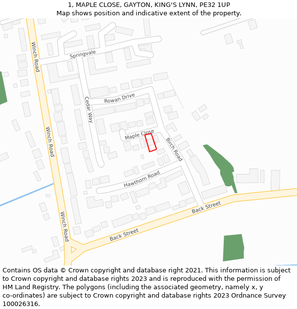 1, MAPLE CLOSE, GAYTON, KING'S LYNN, PE32 1UP: Location map and indicative extent of plot