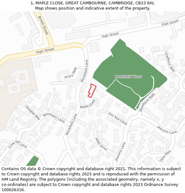 1, MAPLE CLOSE, GREAT CAMBOURNE, CAMBRIDGE, CB23 6AL: Location map and indicative extent of plot