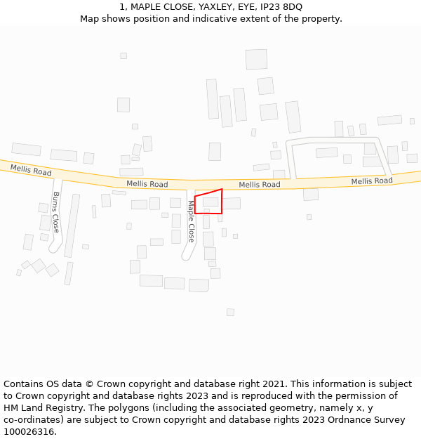 1, MAPLE CLOSE, YAXLEY, EYE, IP23 8DQ: Location map and indicative extent of plot