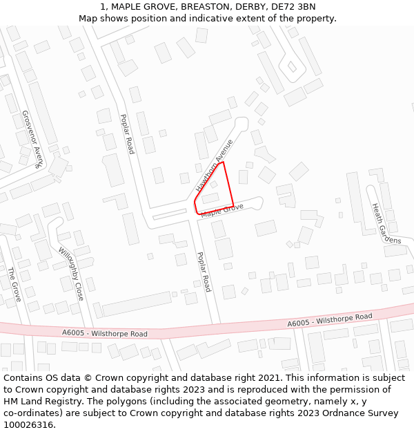 1, MAPLE GROVE, BREASTON, DERBY, DE72 3BN: Location map and indicative extent of plot