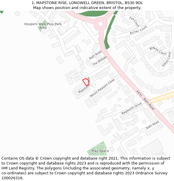 1, MAPSTONE RISE, LONGWELL GREEN, BRISTOL, BS30 9DL: Location map and indicative extent of plot