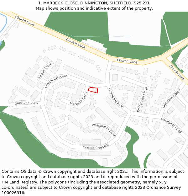 1, MARBECK CLOSE, DINNINGTON, SHEFFIELD, S25 2XL: Location map and indicative extent of plot