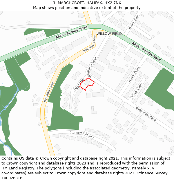 1, MARCHCROFT, HALIFAX, HX2 7NX: Location map and indicative extent of plot