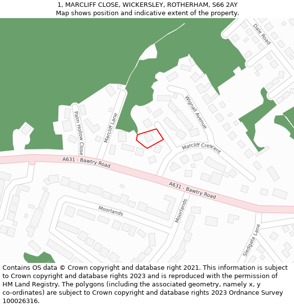 1, MARCLIFF CLOSE, WICKERSLEY, ROTHERHAM, S66 2AY: Location map and indicative extent of plot