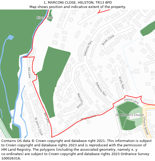 1, MARCONI CLOSE, HELSTON, TR13 8PD: Location map and indicative extent of plot