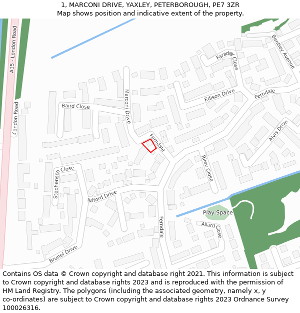 1, MARCONI DRIVE, YAXLEY, PETERBOROUGH, PE7 3ZR: Location map and indicative extent of plot