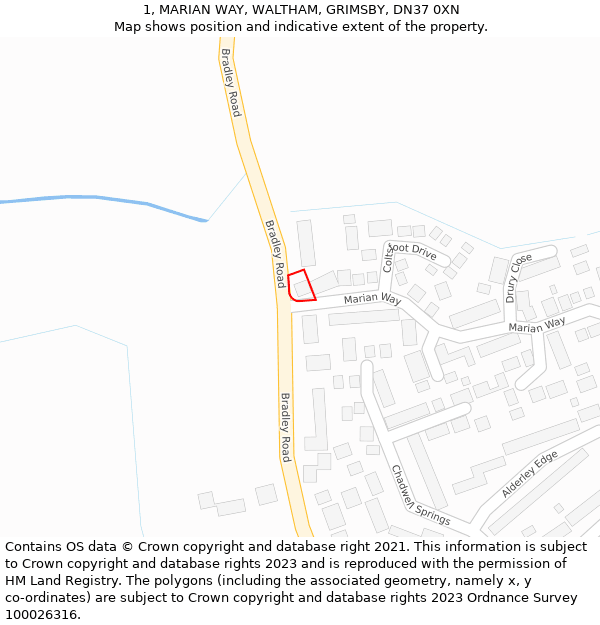 1, MARIAN WAY, WALTHAM, GRIMSBY, DN37 0XN: Location map and indicative extent of plot