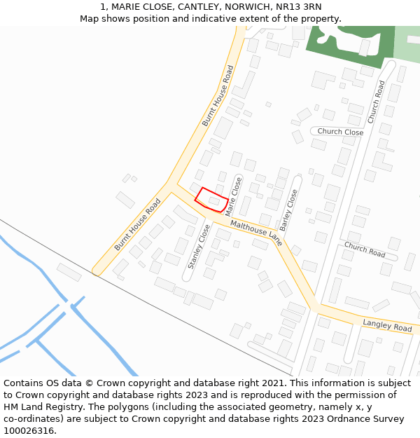 1, MARIE CLOSE, CANTLEY, NORWICH, NR13 3RN: Location map and indicative extent of plot