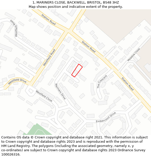 1, MARINERS CLOSE, BACKWELL, BRISTOL, BS48 3HZ: Location map and indicative extent of plot