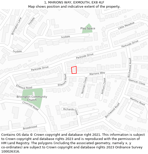 1, MARIONS WAY, EXMOUTH, EX8 4LF: Location map and indicative extent of plot