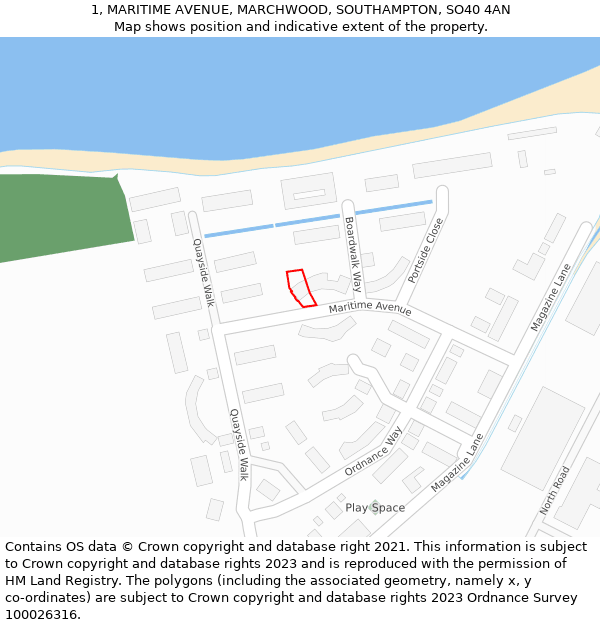 1, MARITIME AVENUE, MARCHWOOD, SOUTHAMPTON, SO40 4AN: Location map and indicative extent of plot