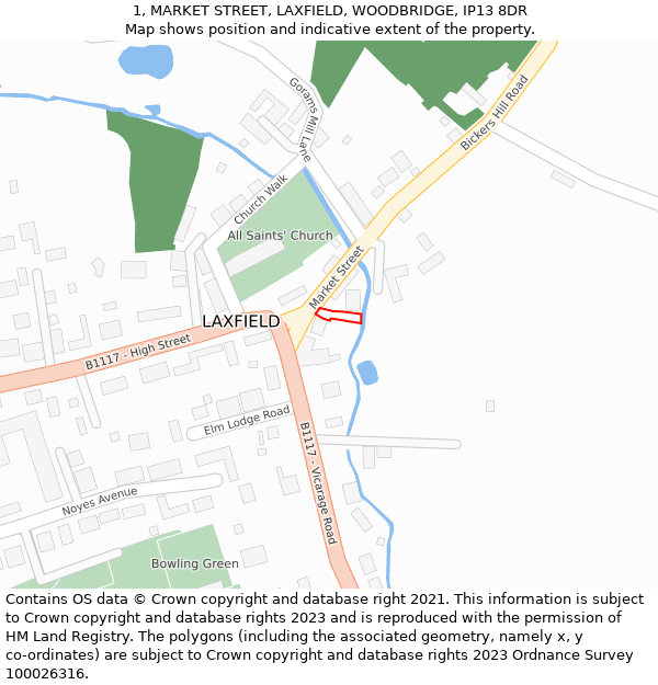 1, MARKET STREET, LAXFIELD, WOODBRIDGE, IP13 8DR: Location map and indicative extent of plot