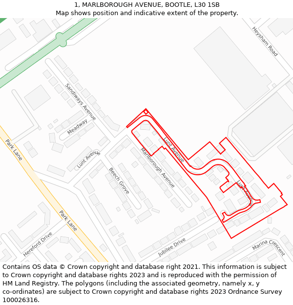 1, MARLBOROUGH AVENUE, BOOTLE, L30 1SB: Location map and indicative extent of plot
