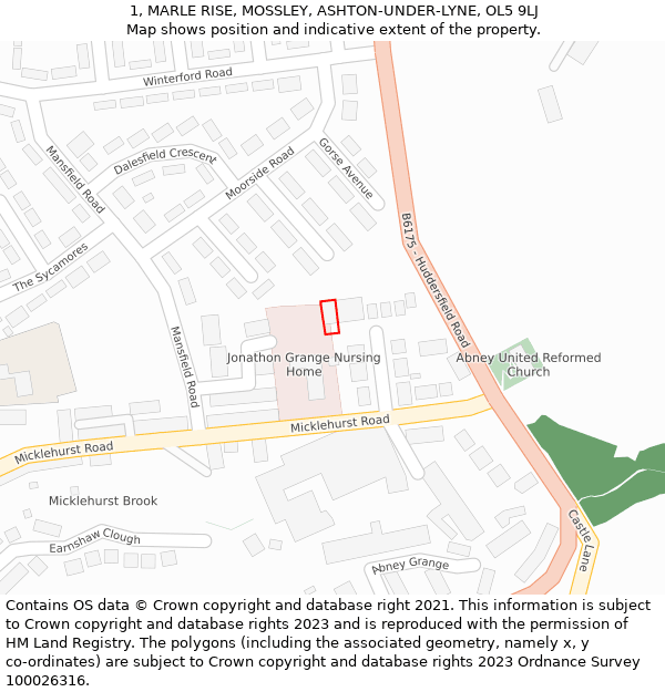 1, MARLE RISE, MOSSLEY, ASHTON-UNDER-LYNE, OL5 9LJ: Location map and indicative extent of plot