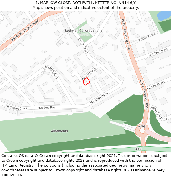 1, MARLOW CLOSE, ROTHWELL, KETTERING, NN14 6JY: Location map and indicative extent of plot