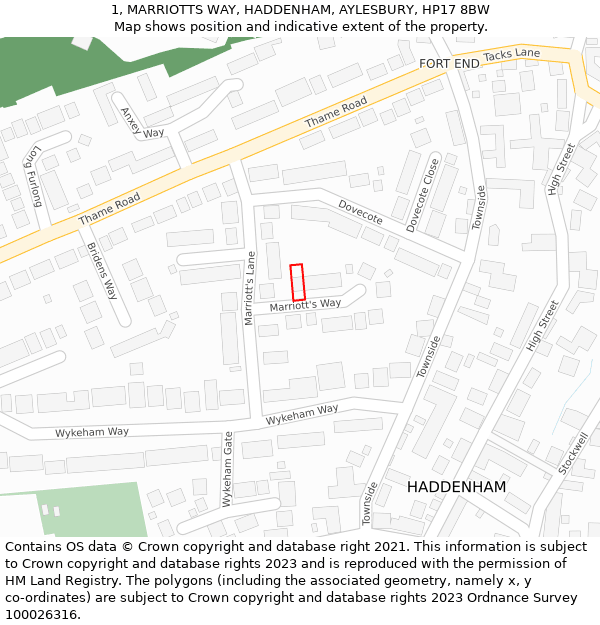 1, MARRIOTTS WAY, HADDENHAM, AYLESBURY, HP17 8BW: Location map and indicative extent of plot