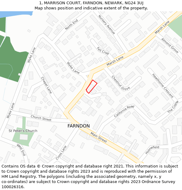 1, MARRISON COURT, FARNDON, NEWARK, NG24 3UJ: Location map and indicative extent of plot