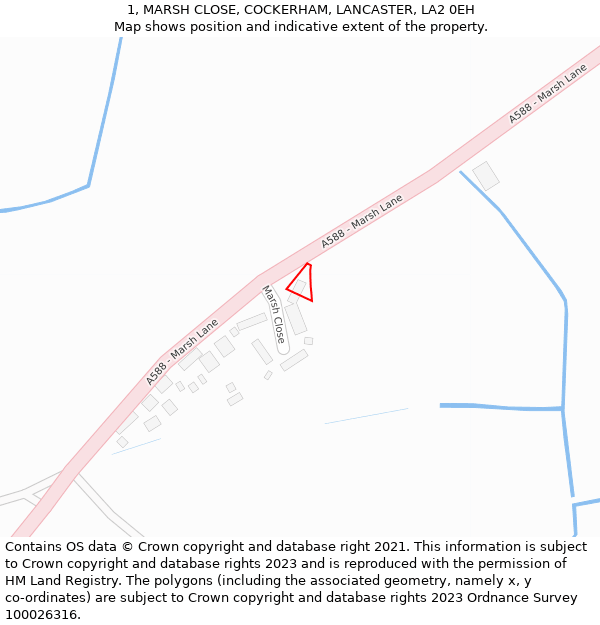 1, MARSH CLOSE, COCKERHAM, LANCASTER, LA2 0EH: Location map and indicative extent of plot