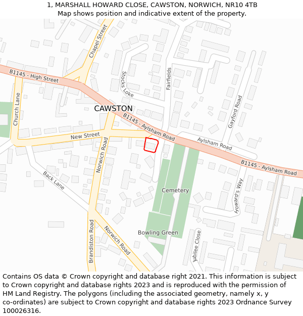 1, MARSHALL HOWARD CLOSE, CAWSTON, NORWICH, NR10 4TB: Location map and indicative extent of plot