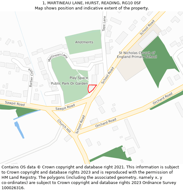 1, MARTINEAU LANE, HURST, READING, RG10 0SF: Location map and indicative extent of plot