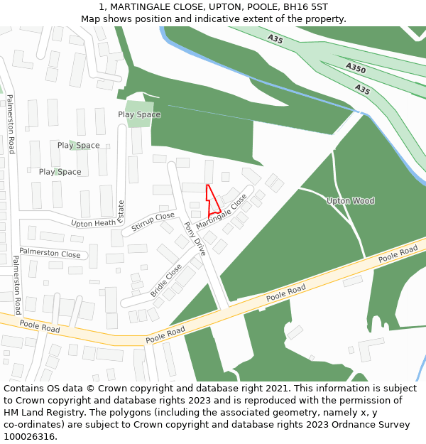 1, MARTINGALE CLOSE, UPTON, POOLE, BH16 5ST: Location map and indicative extent of plot