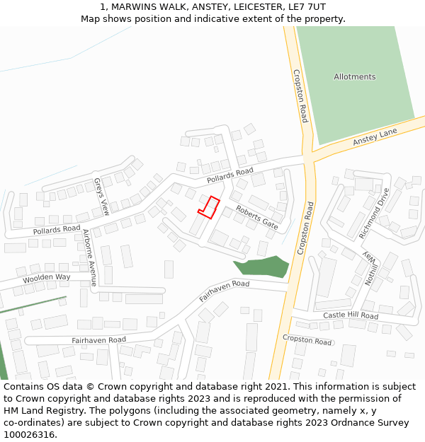 1, MARWINS WALK, ANSTEY, LEICESTER, LE7 7UT: Location map and indicative extent of plot