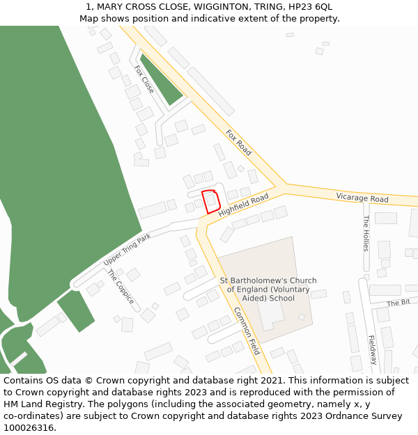 1, MARY CROSS CLOSE, WIGGINTON, TRING, HP23 6QL: Location map and indicative extent of plot