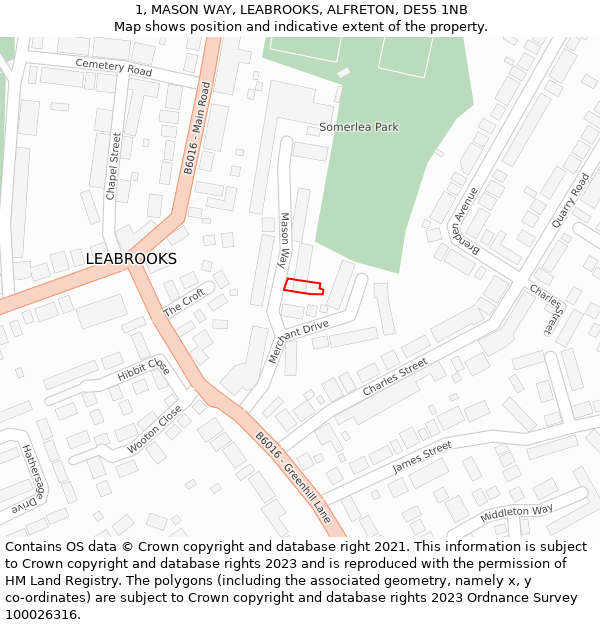 1, MASON WAY, LEABROOKS, ALFRETON, DE55 1NB: Location map and indicative extent of plot