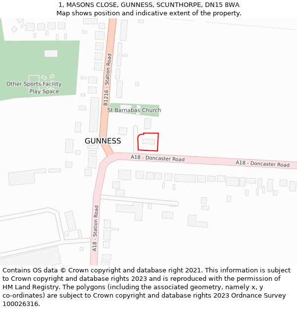 1, MASONS CLOSE, GUNNESS, SCUNTHORPE, DN15 8WA: Location map and indicative extent of plot