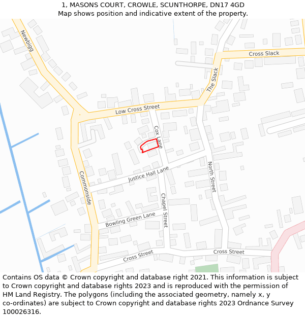 1, MASONS COURT, CROWLE, SCUNTHORPE, DN17 4GD: Location map and indicative extent of plot
