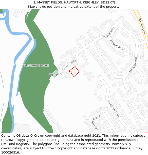 1, MASSEY FIELDS, HAWORTH, KEIGHLEY, BD22 0TJ: Location map and indicative extent of plot