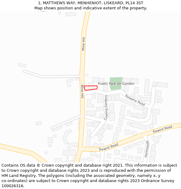 1, MATTHEWS WAY, MENHENIOT, LISKEARD, PL14 3ST: Location map and indicative extent of plot