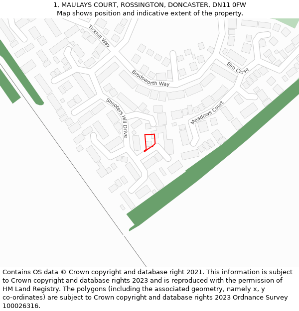 1, MAULAYS COURT, ROSSINGTON, DONCASTER, DN11 0FW: Location map and indicative extent of plot