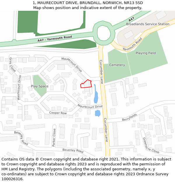 1, MAURECOURT DRIVE, BRUNDALL, NORWICH, NR13 5SD: Location map and indicative extent of plot