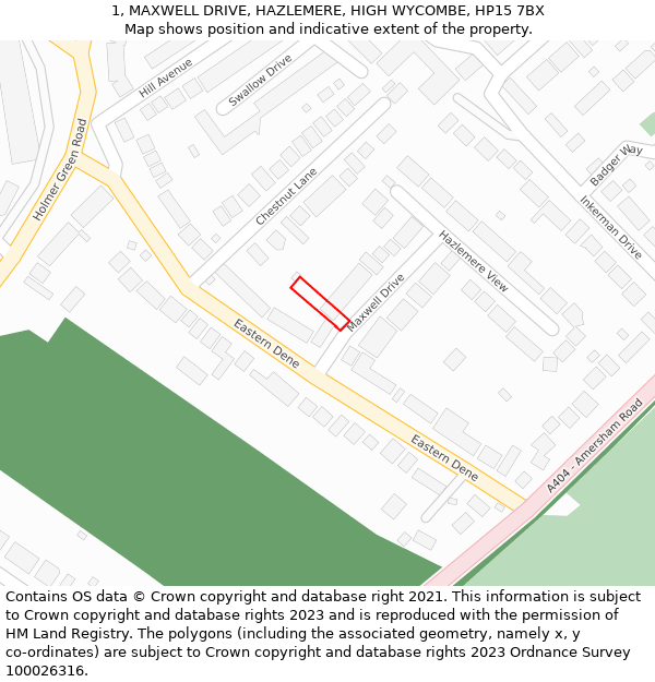 1, MAXWELL DRIVE, HAZLEMERE, HIGH WYCOMBE, HP15 7BX: Location map and indicative extent of plot