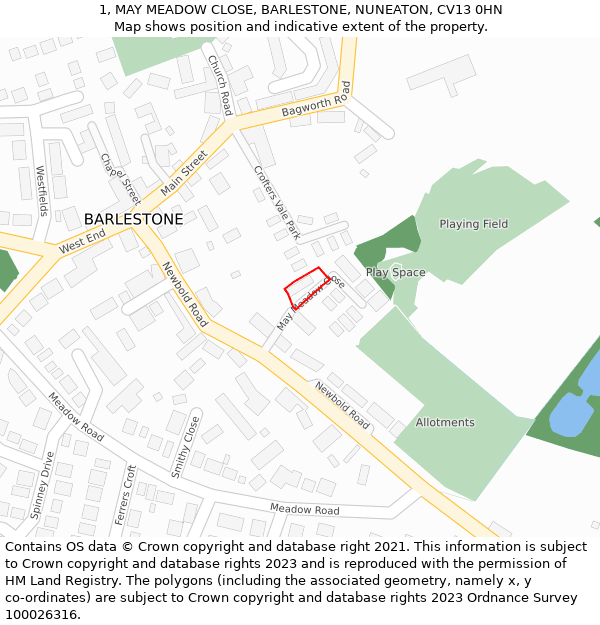 1, MAY MEADOW CLOSE, BARLESTONE, NUNEATON, CV13 0HN: Location map and indicative extent of plot