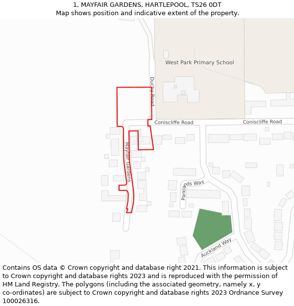 1, MAYFAIR GARDENS, HARTLEPOOL, TS26 0DT: Location map and indicative extent of plot