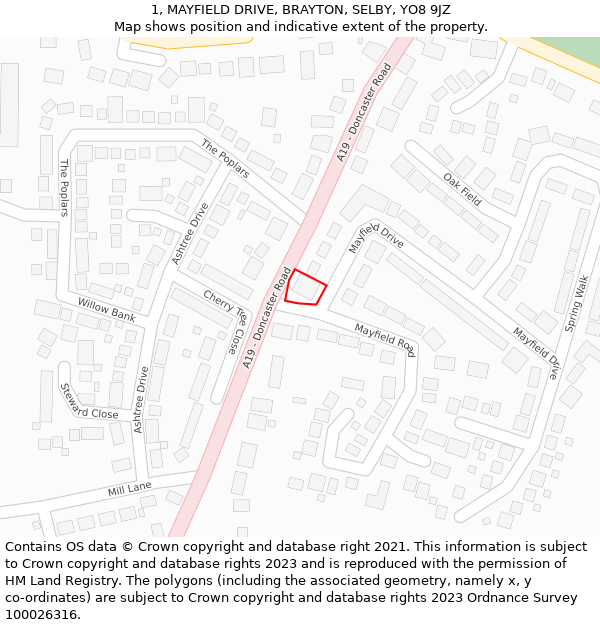 1, MAYFIELD DRIVE, BRAYTON, SELBY, YO8 9JZ: Location map and indicative extent of plot