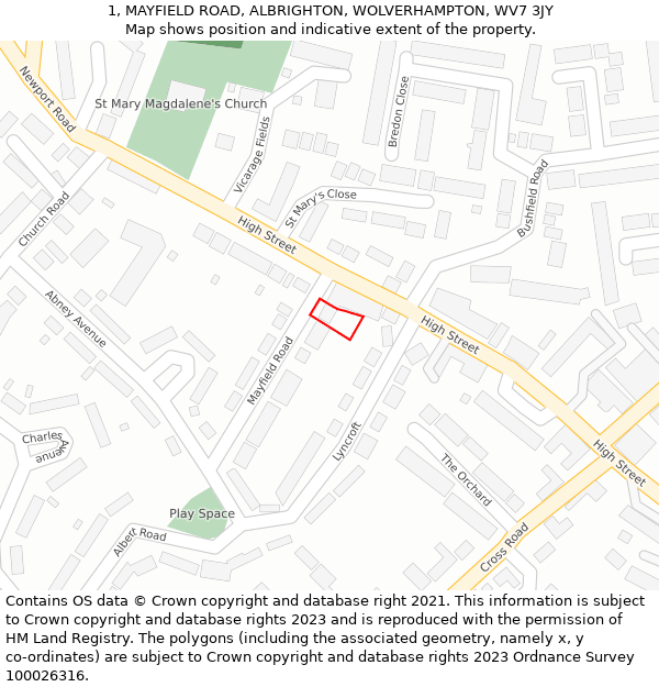 1, MAYFIELD ROAD, ALBRIGHTON, WOLVERHAMPTON, WV7 3JY: Location map and indicative extent of plot