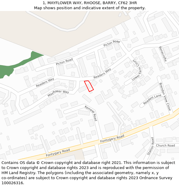 1, MAYFLOWER WAY, RHOOSE, BARRY, CF62 3HR: Location map and indicative extent of plot