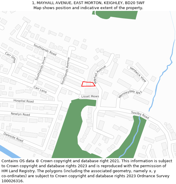 1, MAYHALL AVENUE, EAST MORTON, KEIGHLEY, BD20 5WF: Location map and indicative extent of plot